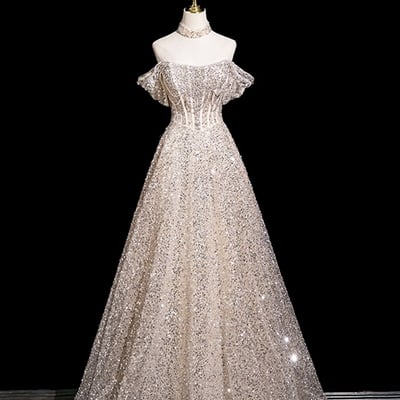 Champagne tulle sequins long a-line prom party dress