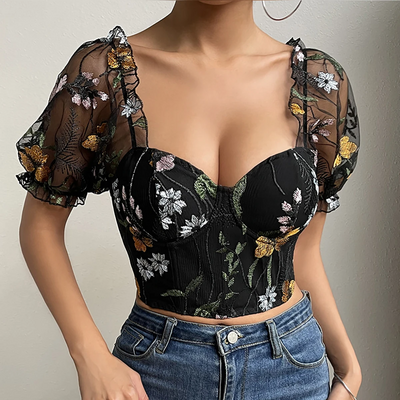 Fashion Mesh Flower Embroidery Design Puff Sleeve Crop top