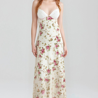 Lace splicing fashion casual peony printed suspender maxi dress - Thumbnail 1