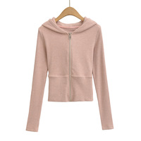 Fashionable and casual threaded ribbed stitching hooded long-sleeved zip-up top sweatshirt - Thumbnail 1
