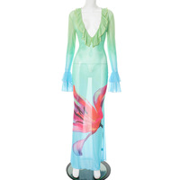 Sexy and elegant floral gradient print mesh ruffle dress - Thumbnail 3