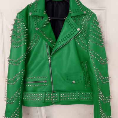 Crafted leather new women punk green silver long spiked studded brando biker leather jacket
