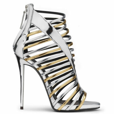 Women's high-heeled sandals with gold and silver thin straps 