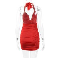 Deep V-neck halter neck tie back sexy pleated dress - Thumbnail 4