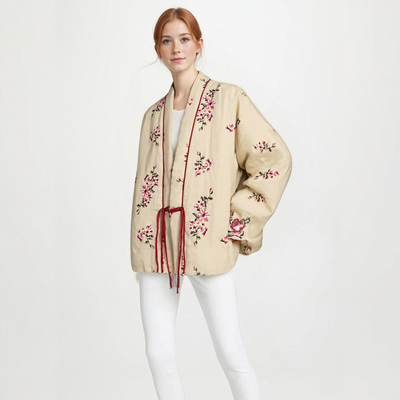 Fashionable flower embroidered v-neck long-sleeved cotton jacket