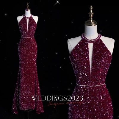 Elegant purple sequin evening gown,sparkly mermaid prom dress, luxury formal party dress