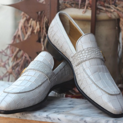 Crafted leather handmade men white crocodile leather moccasin dress loafers shoes