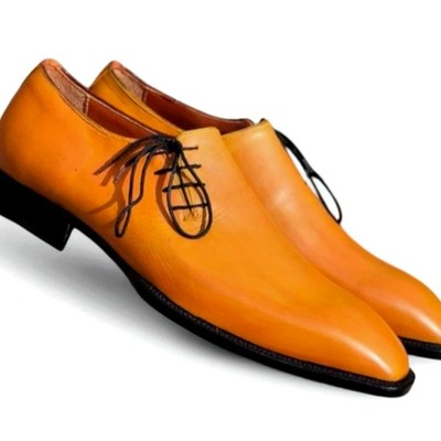 Crafted leather classic handmade men yellow leather oxford lace up dress shoes
