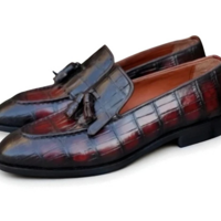 Crafted Leather Classic Handmade Burgundy Patina Crocodile Tassel Loafers Dress Shoes - Thumbnail 3