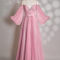 Beautiful Pink Strapless U-neck Beaded Long Dress with Beading and Detachable Sleeves - Thumbnail 3