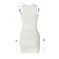 Solid Color Hollow Round Neck Sleeveless Top Slim Skirt - Thumbnail 5