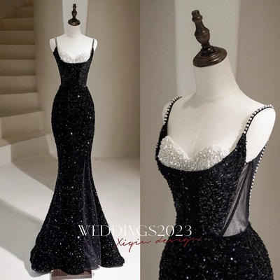 Shimmering Spaghetti Strap Sequined Mermaid Pearl Embellished Slit Prom Dress , Spaghetti Straps Evening Gown, Formal Wedding Dress,Long Prom Dress, E