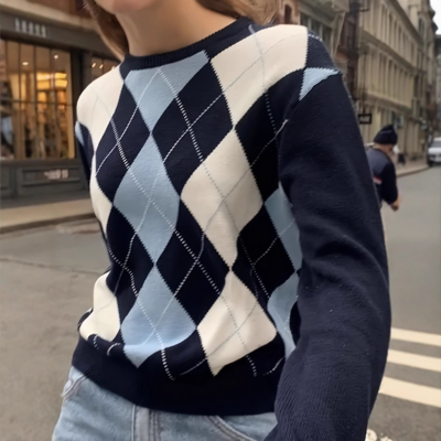 Argyle patchwork pullover knit sweater jumper