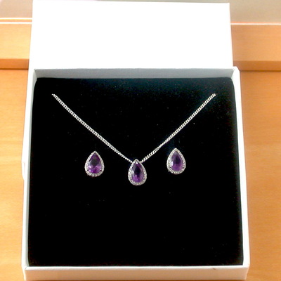 Boxed gift set/sterling silver amethyst & cz teardrop pendant & chain/amethyst necklace/amethyst jewellery/amethyst jewelry/uk