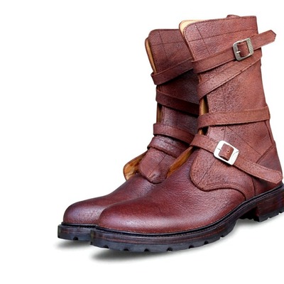 Crafted leather handmade men dress shoes brown leather buckle strap military style boot