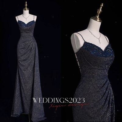 Dreamy starry dark blue strapless fishtail dress with sequined lace evening dress