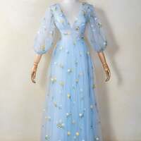 Light Blue Gauze Prom Dress with Embroidered Butterfly, Deep V Neck and Long Sleeves Evening Dress - Thumbnail 5