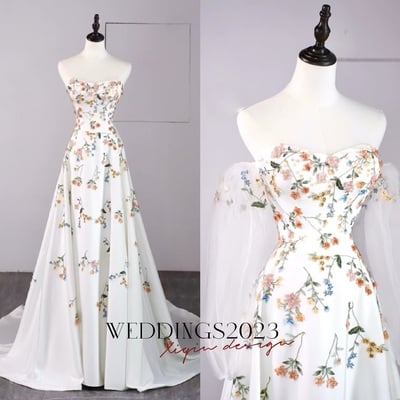 Hot selling ivory embroidered applique strapless detachable long sleeve wedding dress with train