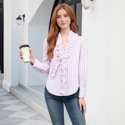 Fashionable french light pink three-dimensional ruffled v-neck striped shirt top