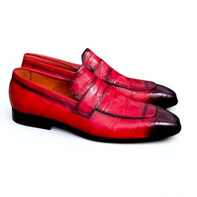 Crafted Leather Men Red Crocodile Leather Moccasin Loafers Dress Shoes