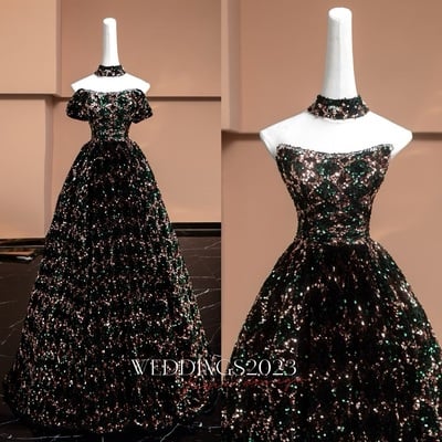 Shiny colorful sequined strapless floor-length dress with a neck gaiter,Detachable sleeves Prom Dresses 