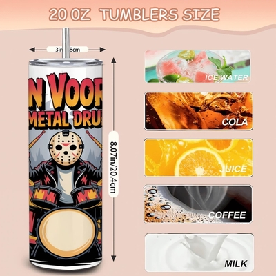 Jason voorhees killer metal drummer tumbler - horror movie slasher band travel cup with metal straw