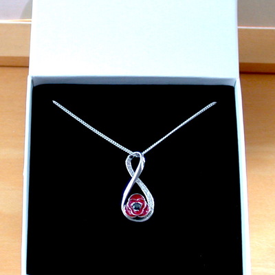 Boxed gift/sterling silver infinity knot poppy pendant & chain/poppy necklace/poppy jewellery/poppy jewelry/remembrance poppy/uk