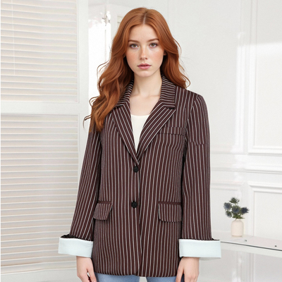 Brown striped loose-fitting two-button cuffed jacket suit