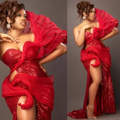 Aso ebi red mermaid prom dress high split sequined lace evening formal party second reception birthday engagement gowns dresses