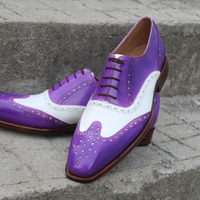 Crafted Leather Classic Handmade Purple White Wingtip Oxford Dress Shoes - Thumbnail 1