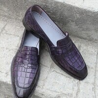 Crafted Leather Bespoke Men Dress Shoes Purple Crocodile Alligator Leather Moccasin Loafers - Thumbnail 1