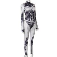 Mechanical Print Half-Turtleneck Long-Sleeved Jumpsuit High-Elastic Tights - Thumbnail 5