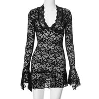 Solid color lace hollow low neck long sleeve hip skirt - Thumbnail 1