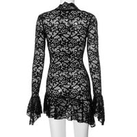 Solid color lace hollow low neck long sleeve hip skirt - Thumbnail 3