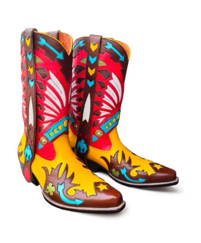 Crafted Leather Classic  Multi Color Leather Designer Fashion Ankle Cowboy Pointed Toe Boot 