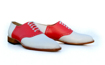 Crafted Leather Handmade Men Two Tone Lace up Red White Leather Saddle Golf Shoes 