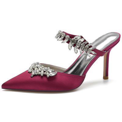 Women's high-heeled pointed rhinestone half-slip wedding sandals 3 colors