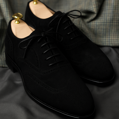 Rich black suede formal wingtip structure handmade dress shoes for men