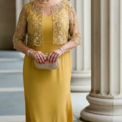 Plus size yellow lace mother of bride /groom dresses evening formal gown