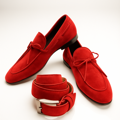 Handcraft trendy red moccasin chritsmas shoes with belt best combination formal dress shoes