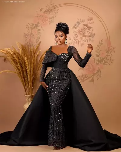 Black Mermaid Gown: Elegant Aso Ebi Style Evening Dress with Overskirt | Formal Prom Party Dresses