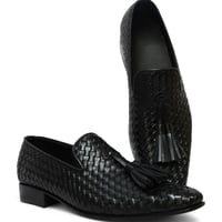 Crafted Leather Men Elegant Classic Black Woven Leather Dress Shoes - Thumbnail 2