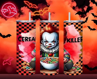 ​Chibi Pennywise Cereal Killer 20oz Tumbler, Cute Horror Movie Clown Drinkware, IT Stephen King Fan, Free Ship Gift