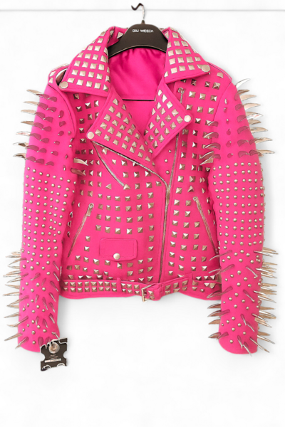 Crafted Leather New Handmade Women's Punk Full Long Spiked Studded Brando Pink Leather Jacket