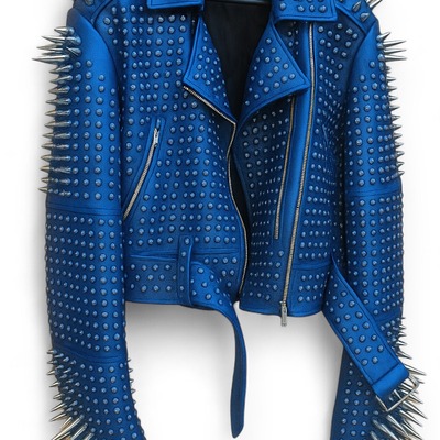 Crafted leather new classic awesome handmade women's sapphire color studded brando metal spiked leather round studs jacket