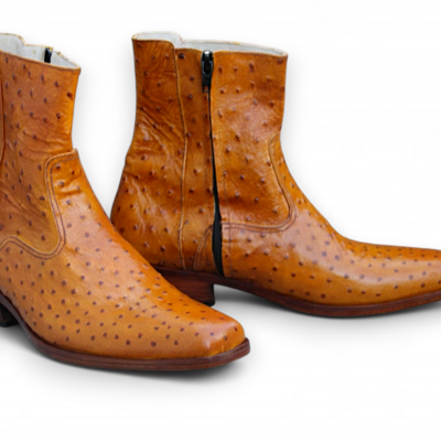 Crafted leather classic brown ostrich leather side zipper cowboy boot