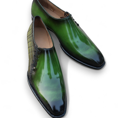 Crafted leather classic handmade men green crocodile/alligator dress shoes