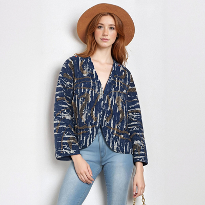 Versatile beaded denim-effect padded kimono jacket - Thumbnail 2