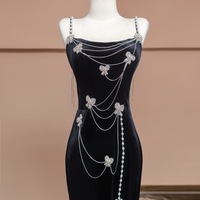 Dark Blue Spaghetti Strap Mermaid with Beading Prom Dresses  - Thumbnail 5