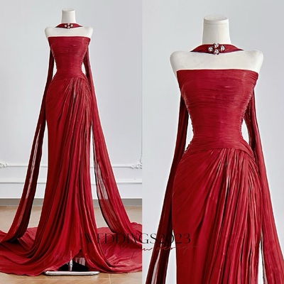 Stunning red tulle ribbon with a long tail design prom dresses 